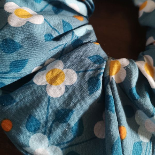 Handmade Blue and Yellow Retro Floral - Scrunchie - 2.75" Wide - Image 3