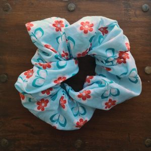 Handmade Blue and Orange Retro Flower Scrunchie - 2 1/2" Wide