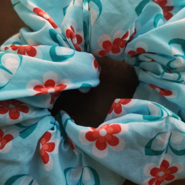 Handmade Blue and Orange Retro Flower Scrunchie - 2 1/2" Wide - Image 3