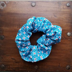 Handmade Blue and Orange Retro Mini Flower Scrunchie - 2" Wide