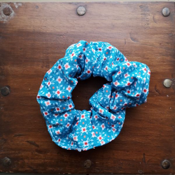 Handmade Blue and Orange Retro Mini Flower Scrunchie - 2" Wide