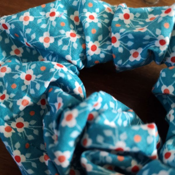 Handmade Blue and Orange Retro Mini Flower Scrunchie - 2" Wide