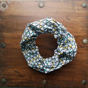 Handmade Blue and Yellow Geometric Scrunchie - 2" Wide