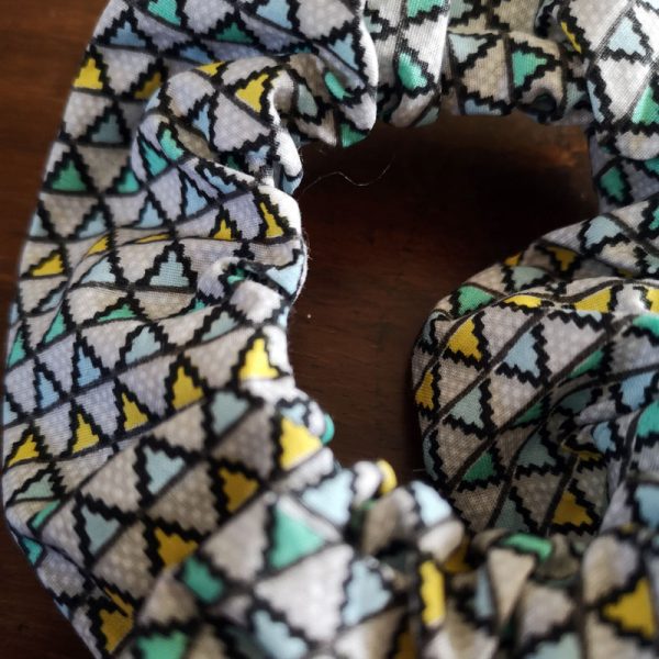 Handmade Blue and Yellow Geometric Scrunchie - 2" Wide - Image 3