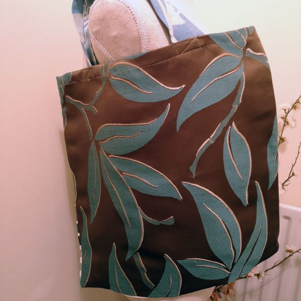 Handmade and Upcycled Double-sided Tote Bag - Brown and Teal Foliage/Striped Print - Image 4