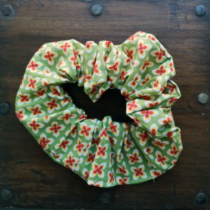 Handmade Green and Red Retro Flower Scrunchie - 2 1/2" Wide