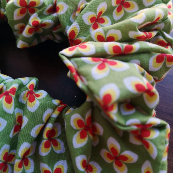 Handmade Green and Red Retro Flower Scrunchie - 2 1/2" Wide - Image 3