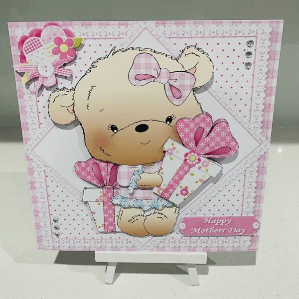 Handmade 3D Decoupage Happy Birthday/Mothers Day Cute Teddy 8x8 Greeting Card