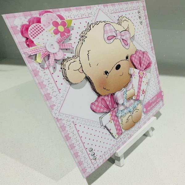 Handmade 3D Decoupage Happy Birthday/Mothers Day Cute Teddy 8x8 Greeting Card - Image 2