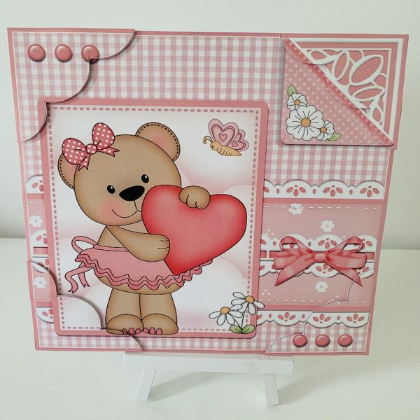 Handmade Greeting Card, Happy Birthday/New Baby Cute Teddy for Girls 7x7