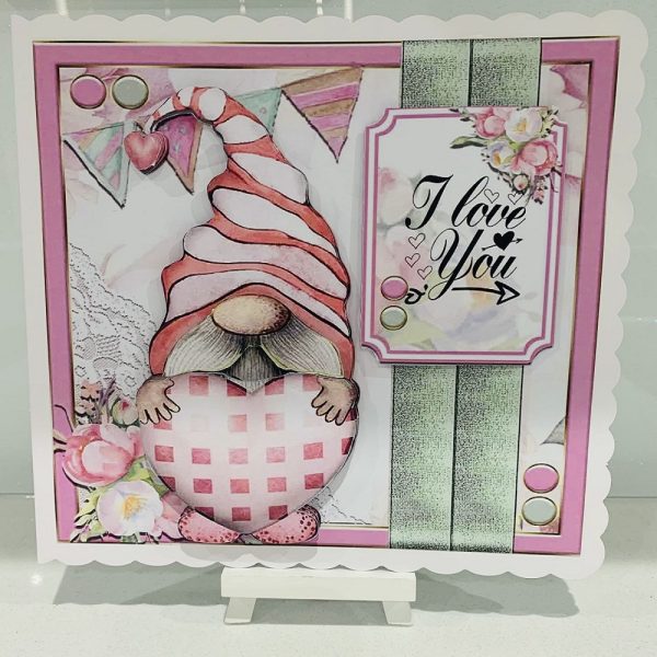 Handmade 3D Decoupage Valentines Day 8x8 Greeting Card Gnome Theme