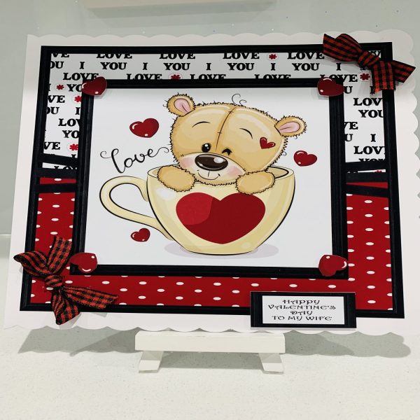 Handmade Valentines Day 8x8 greeting card Cuddly Bear