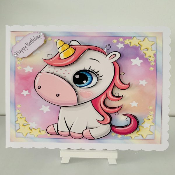 Handmade Unicorn 3D Decoupage Happy Birthday Greeting Card 8x8, scalloped edge.