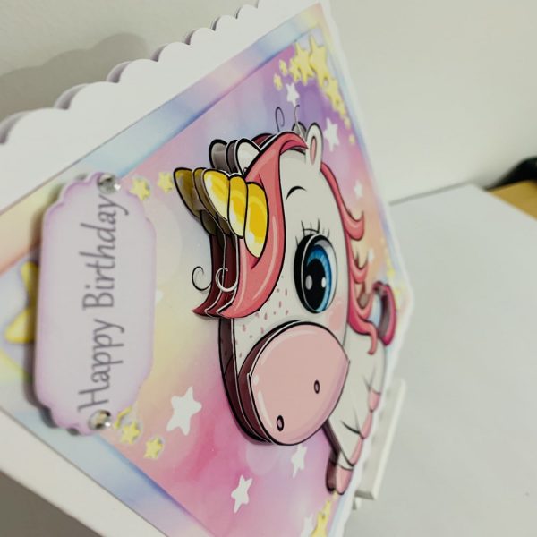 Handmade Unicorn 3D Decoupage Happy Birthday Greeting Card 8x8, scalloped edge. - Image 2
