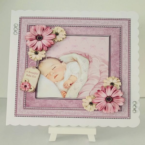 Baby Girl Handmade 8x8 Scalloped Edge Decoupage Greeting Card