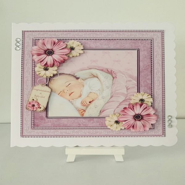 Baby Girl Handmade 8x8 Scalloped Edge Decoupage Greeting Card - Image 3