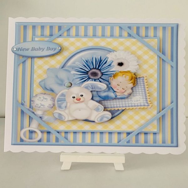 It’s A Boy / New Baby Boy Handmade 8x8 Scalloped Edge Decoupage Greeting Card 