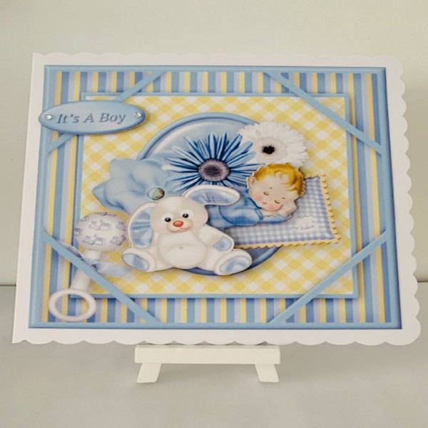 It’s A Boy / New Baby Boy Handmade 8x8 Scalloped Edge Decoupage Greeting Card  - Image 3