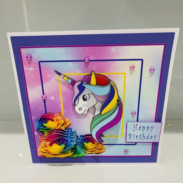 Handcrafted 3D Decoupage Happy Birthday Unicorn Greeting Card 7x7