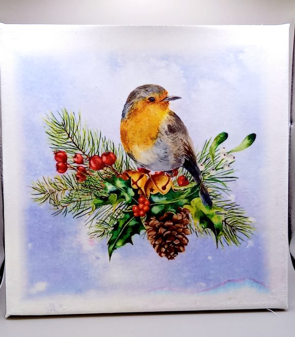 A gorgeous Christmas canvas featuring a Robin red breast