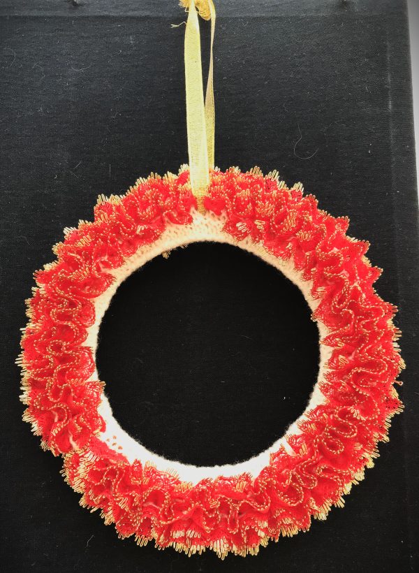 red with gold edge Knitted lace hanging wreath