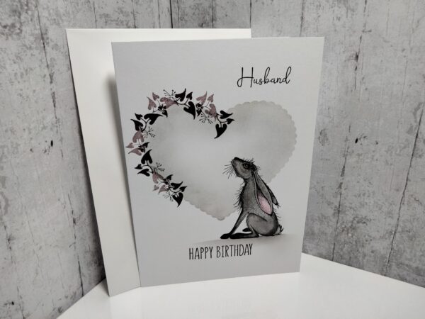Husband Birthday Card (grey heart & hare)