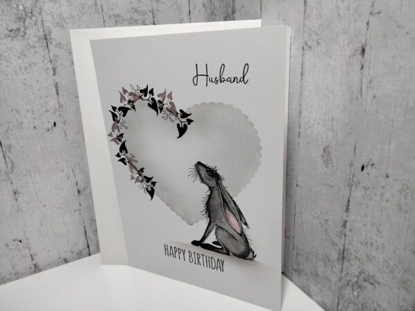 Husband Birthday Card (grey heart & hare) - Image 2