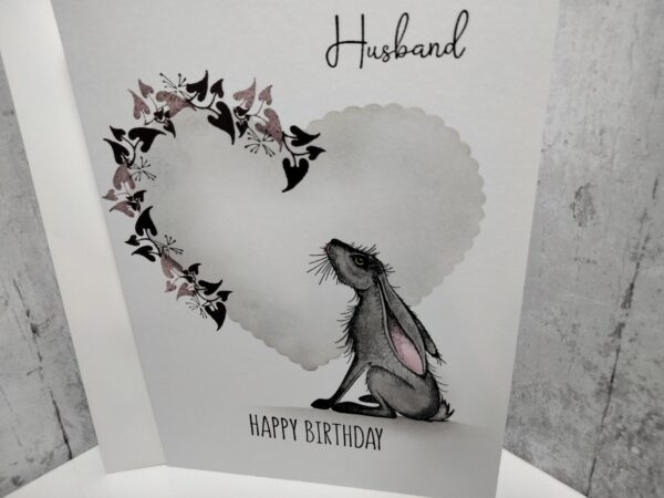 Husband Birthday Card (grey heart & hare) - Image 3