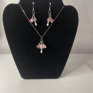 pink blush vintage crackle glass neckless and earring set.