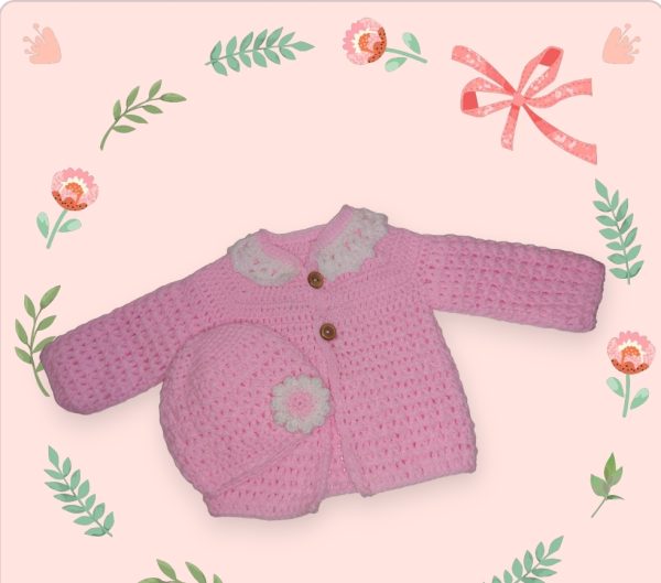 Baby girl daisy pink collar cardigan and hat 0-3 months