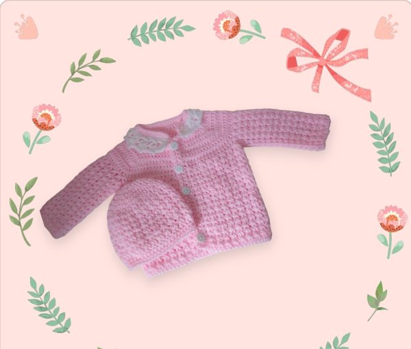 Baby girl pink collar cardigan and hat set