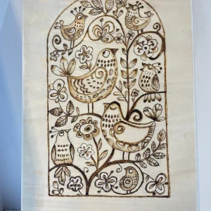The Birds. Stylized work in Pyrography on Plywood. (I)