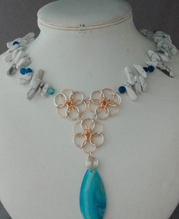 Flower Connector Blue Striped Agate & Howlite Necklace