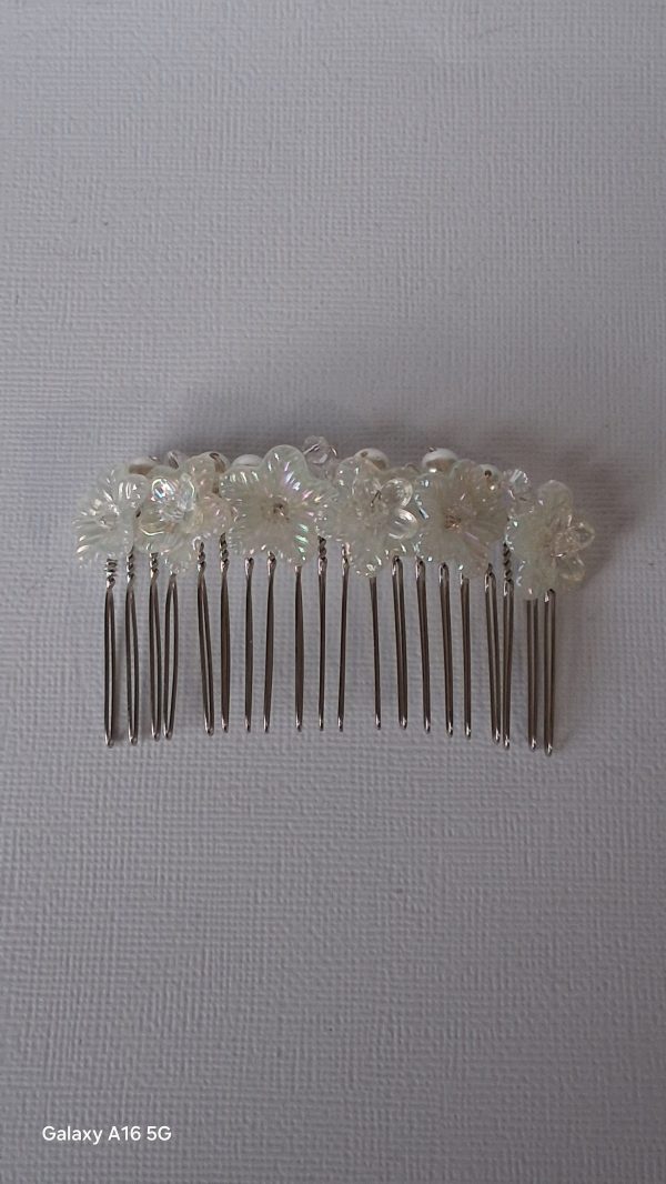 White Iridescent Floral Hair Comb – Decorative Slide