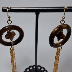 Tiger’s Eye Quatrefoil Earrings with Gold-Plated Chain Fringe