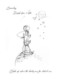 Fine art illustration featuring Cotton Socks, who is a little girl - or fairy - who stands with her friends, the fox and the dog, staring up at the stars