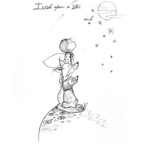 Heartwarming image of little girl with wings staring up at the stars with her friends, the fox and the dog