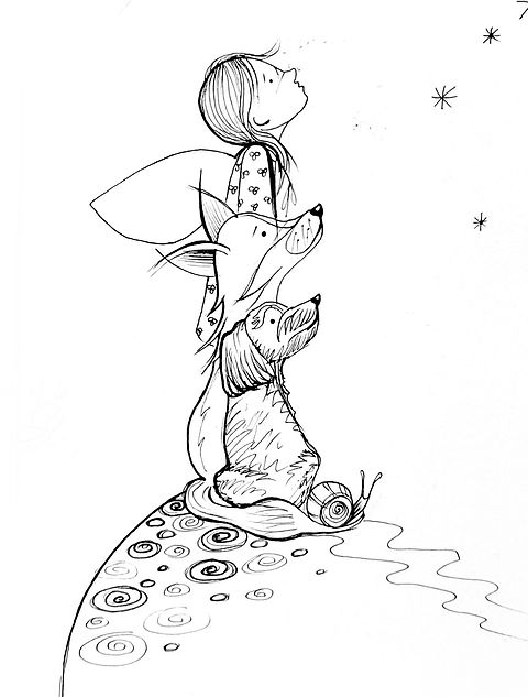 Fine art print featuring little girl with wings staring up at the stars with her friends the fox and the dog